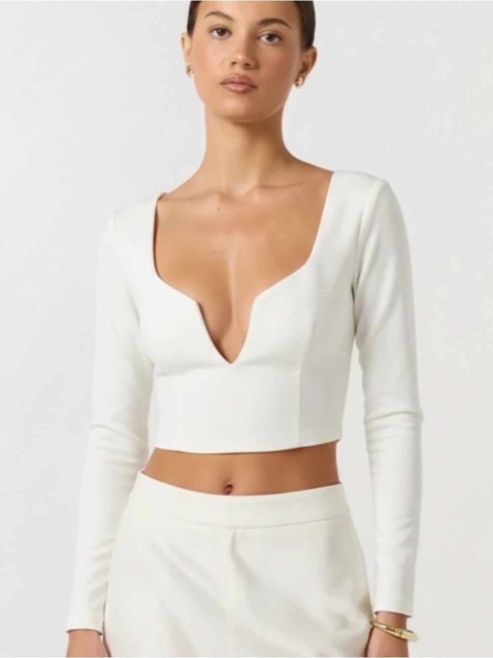 Seductions White Wired Plunge V Neck Crop Top Long Sleeve Bustier Corset Small